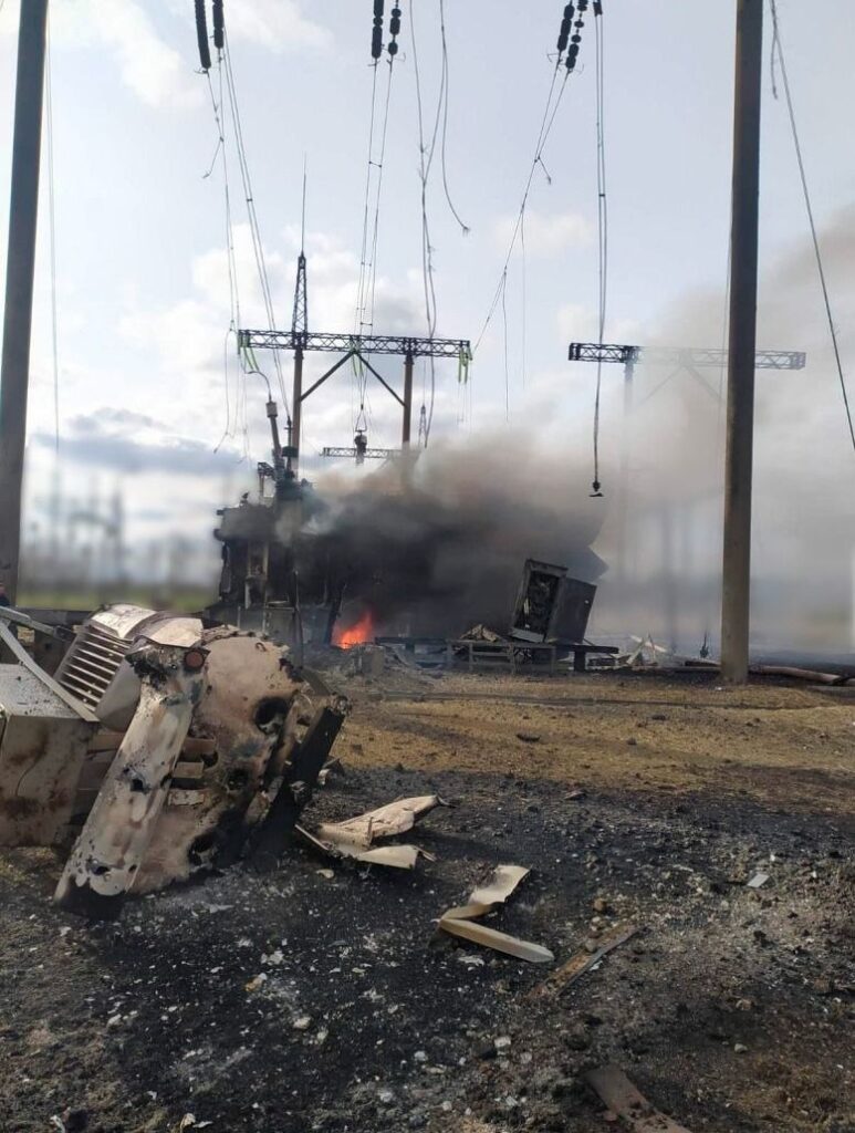 Result of a Russian attack on an Ukrainian electricity substation.