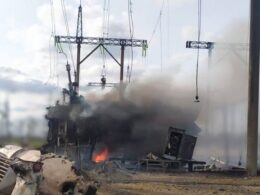 Result of a Russian attack on an Ukrainian electricity substation.