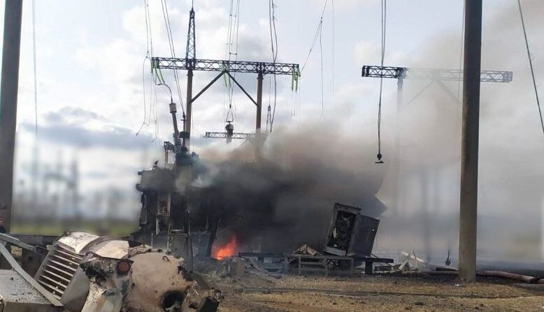 Result of a Russian attack on an Ukrainian electricity substation.