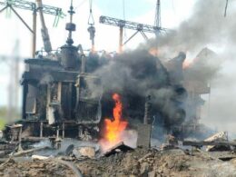 Result of a Russian attack on an Ukrenego electricity substation.