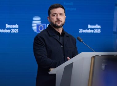 Ukrainian President Volodymyr Zelenskyy speaks on the sidelines of the European Council summit in Brussels on 23 October, 2025.
