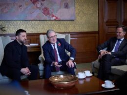Ukrainian President Volodymyr Zelenskyy, UK Prime Minister Kier Starmer, and NATO Secretary-General Mark Rutte in London at the Coalition of the Willing meeting on 24 October, 2025.