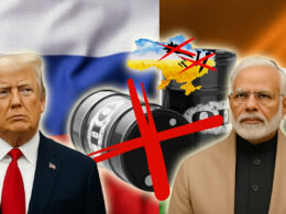 Illustration showing U.S. President Donald Trump and Indian Prime Minister Narendra Modi with US, Indian, and Russian flags symbolizing oil and geopolitical tensions