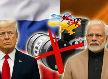 Illustration showing U.S. President Donald Trump and Indian Prime Minister Narendra Modi with US, Indian, and Russian flags symbolizing oil and geopolitical tensions