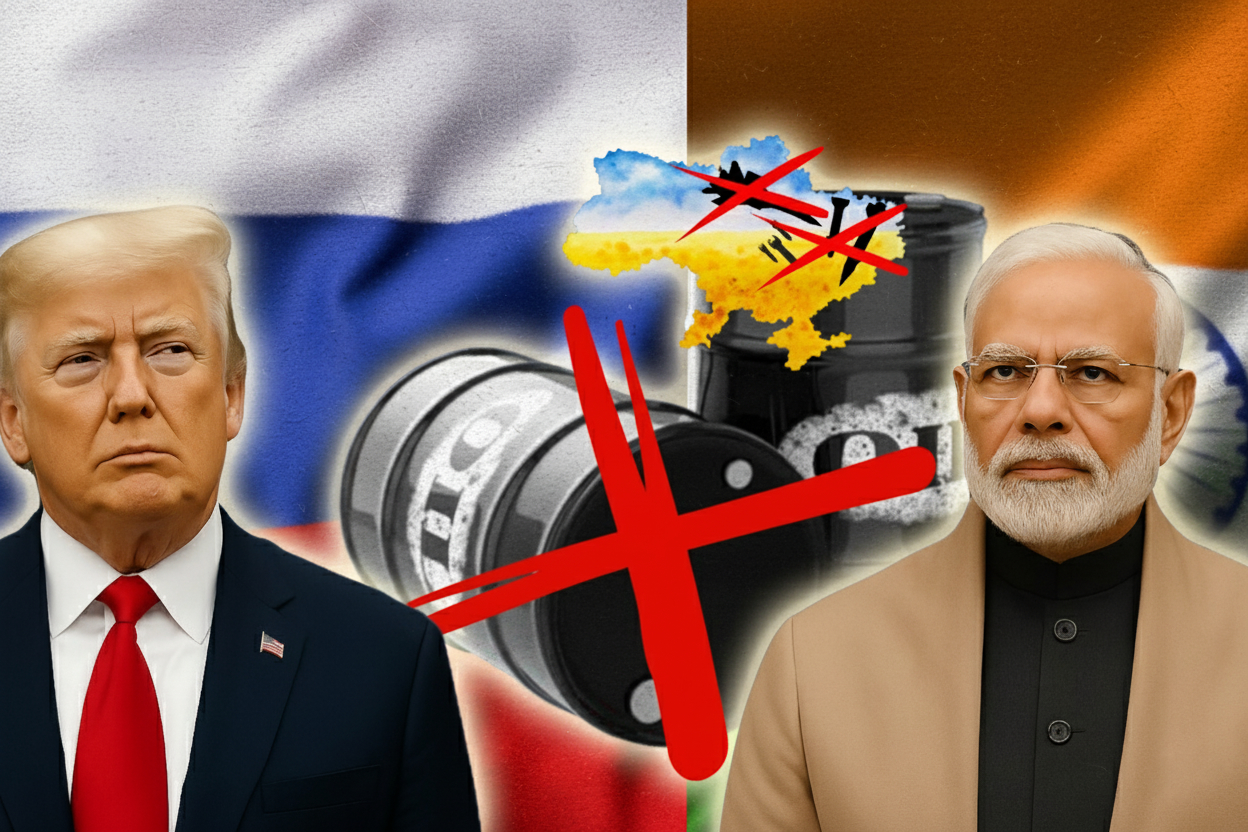 Illustration showing U.S. President Donald Trump and Indian Prime Minister Narendra Modi with US, Indian, and Russian flags symbolizing oil and geopolitical tensions