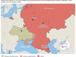 Map illustrating deep-strike Ukrainian drone attacks on a defense plant in Saransk, Mordovia, and an oil refinery in Makhachkala, Dagestan