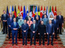 Group photo of European and international leaders, including Ukrainian President Volodymyr Zelenskyy, at the Securing Our Future summit in London on 2 March 2025