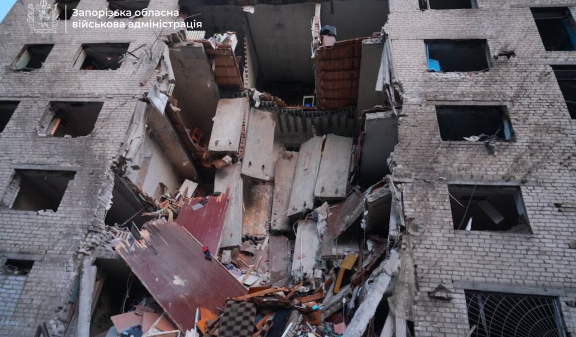 power grid targeted russia fired 653 drones 52 missiles overnight terror attack ukraine · post dormitory zaporizhzhia destroyed russian missile strike several floors collapsed killed least two injured 17 people