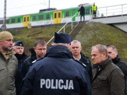 Polish Prime Minister Donald Tusk visits the railway blast site tied to a suspected Russian intelligence sabotage attempt. Photo: Chancellery of the Prime Minister of Poland
