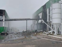 The aftermath of a reported Russian drone strike on a Ukrainian biomass power plant.