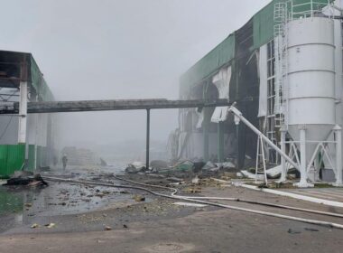 The aftermath of a reported Russian drone strike on a Ukrainian biomass power plant.