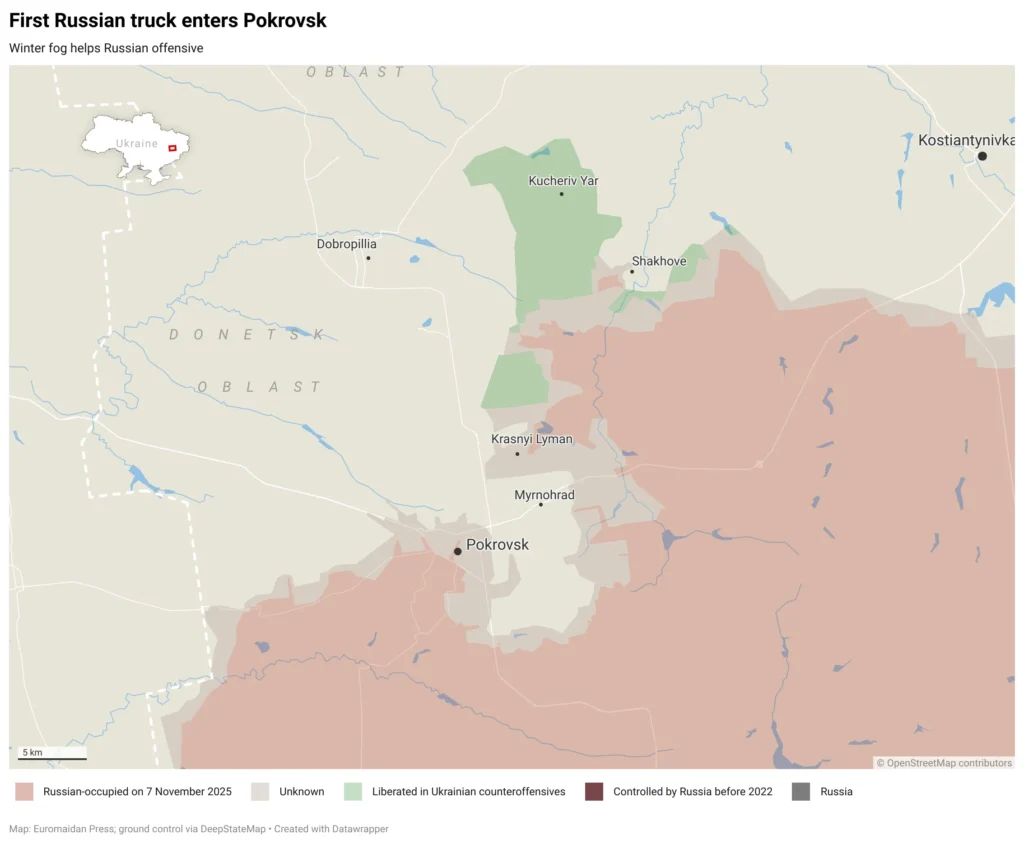 Map of Pokrovsk showing Russian and Ukrainian positions, November 2025