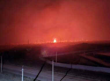 Fire at a power substation in occupied Alchevsk, Luhansk Oblast, during the Ukrainian drone strike overnight on 1–2 November 2025. Photo: Exilenova+