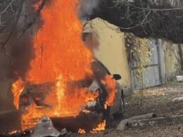 Car ablaze after a Russian attack on Kherson, Ukraine, 11 November 2025.