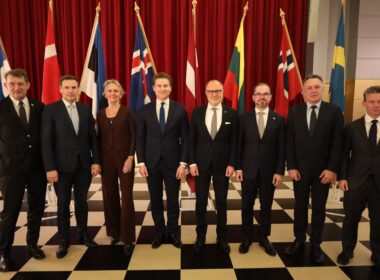 Defence ministers of the Nordic-Baltic 8 countries at a meeting in Helsinki, 13 November 2025.