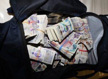 A bag full of cash seized in the UK as part of Operation Destabilise. Photo: UK National Crime Agency