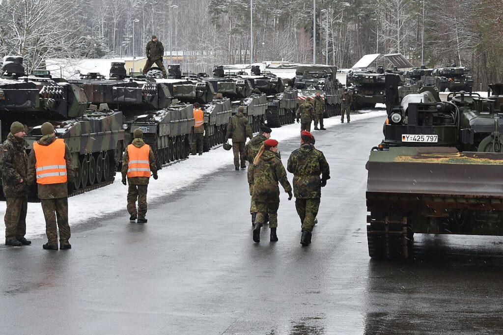 German army Leopard 2 main battle tanks at Rose Barracks, Vilseck, Germany, 29 January 2019.