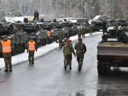 German army Leopard 2 main battle tanks at Rose Barracks, Vilseck, Germany, 29 January 2019.
