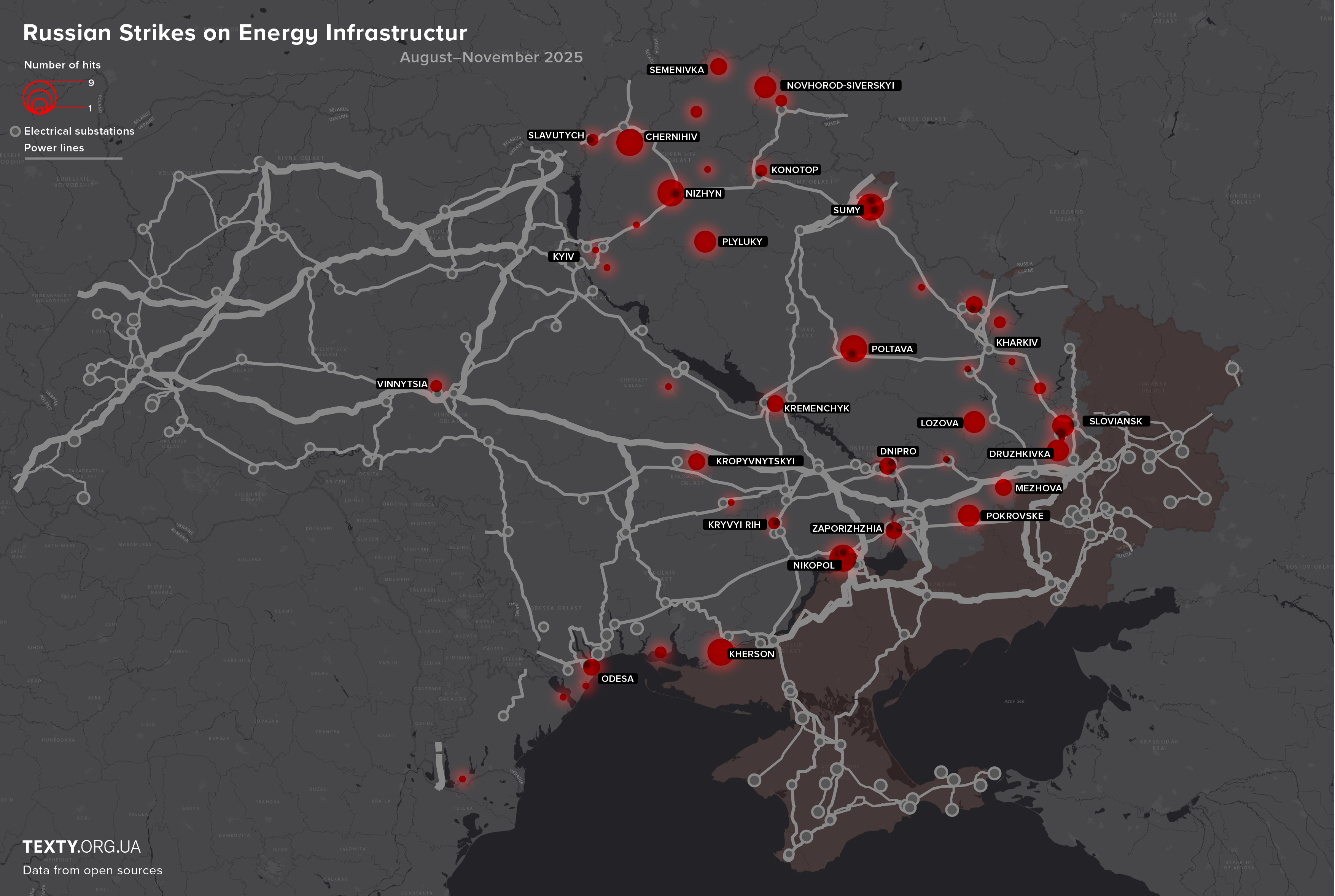 Map of Russian attacks on Ukrainian energy sector for August–October 2025. Source: Texty.org.ua.