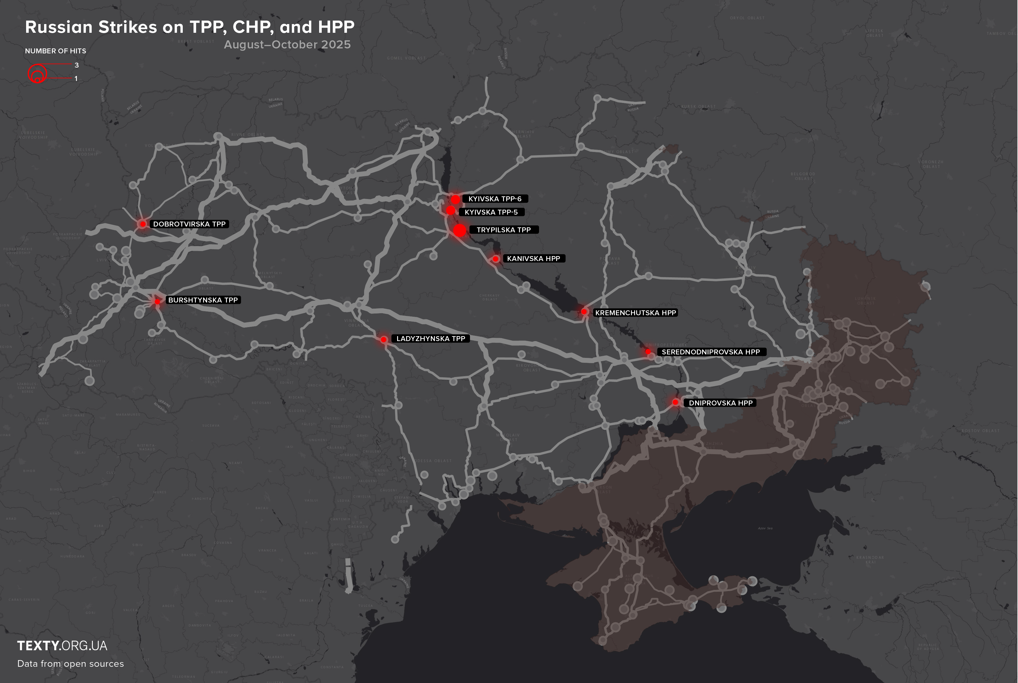 Map of Russian attacks on Ukrainian hydroelectric power plants in August–October 2025. Source: Texty.org.ua.
