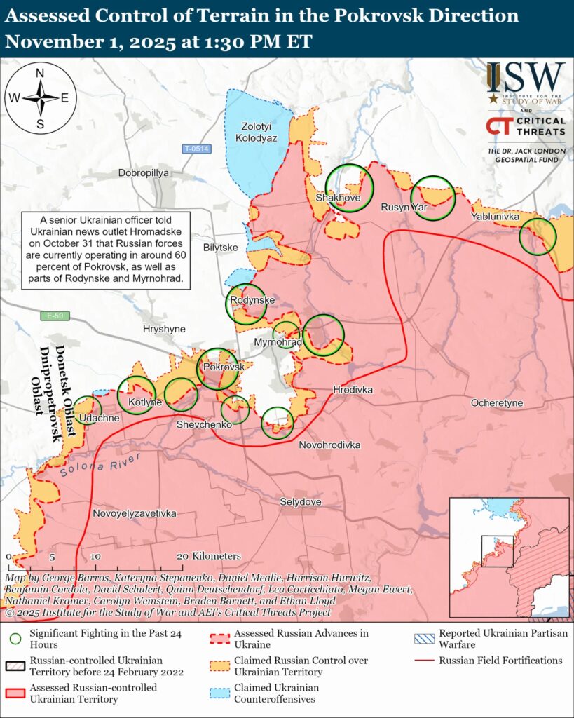 isw russia pushes deeper pokrovsk 60% city turns frontline maze · post assessed control terrain direction donetsk oblast 1 2025 pokrovsk-direction-november-01-2 ukraine news ukrainian reports