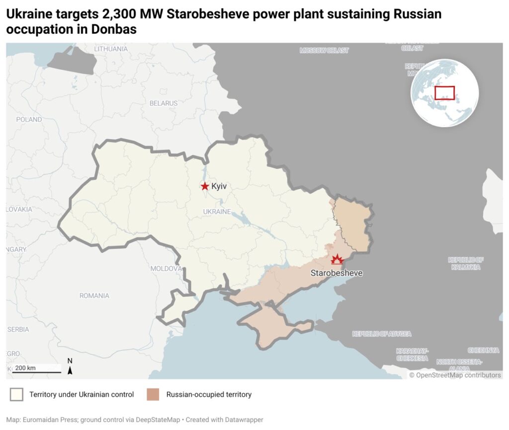 Map showing location of Starobesheve thermal power plant in Russian-occupied Donetsk Oblast, Ukraine, with Kyiv marked for reference and territory control indicated by shading