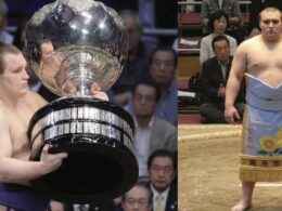 Composite image featuring sumo wrestler Aonishiki Arata. Left: He lifts the massive silver Emperor's Cup trophy. Right: He stands in the dohyo ring wearing a light blue ceremonial apron (kesho-mawashi) embroidered with yellow sunflowers