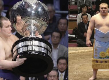 Composite image featuring sumo wrestler Aonishiki Arata. Left: He lifts the massive silver Emperor's Cup trophy. Right: He stands in the dohyo ring wearing a light blue ceremonial apron (kesho-mawashi) embroidered with yellow sunflowers