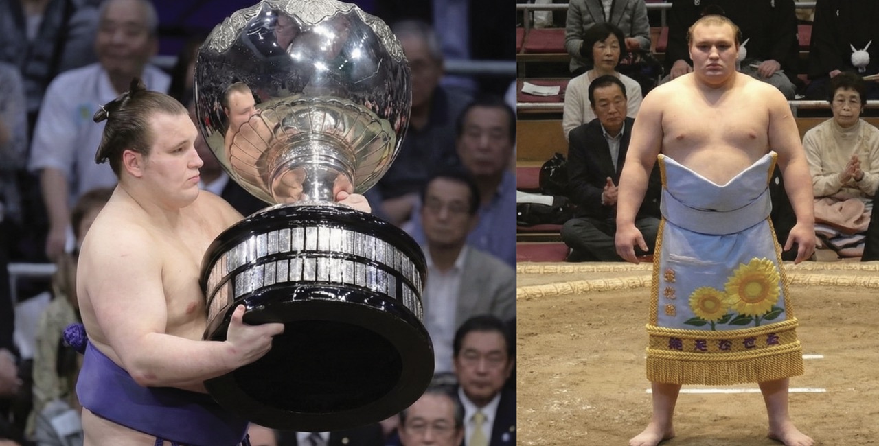 Composite image featuring sumo wrestler Aonishiki Arata. Left: He lifts the massive silver Emperor's Cup trophy. Right: He stands in the dohyo ring wearing a light blue ceremonial apron (kesho-mawashi) embroidered with yellow sunflowers