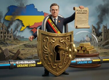 3D political illustration showing Belgian Prime Minister Bart De Wever behind a large golden padlock blocking the €140 billion Ukraine loan, holding a "Peace Deal Argument" scroll, with frozen Russian assets under a glass dome labeled Euroclear and war-torn Ukraine in the background.