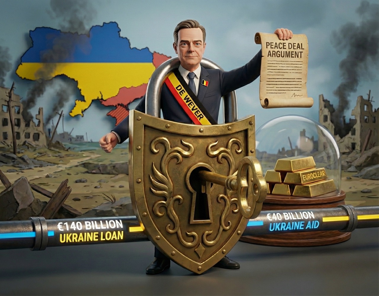 3D political illustration showing Belgian Prime Minister Bart De Wever behind a large golden padlock blocking the €140 billion Ukraine loan, holding a "Peace Deal Argument" scroll, with frozen Russian assets under a glass dome labeled Euroclear and war-torn Ukraine in the background.