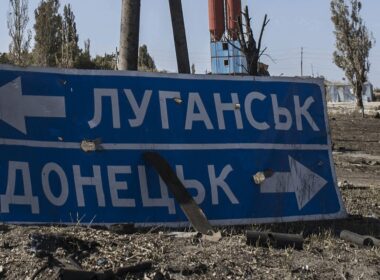 russia launches forced call-up reservists occupied luhansk oblast · post damaged road sign points toward donetsk war-scarred area eastern ukraine militarnyi download news ukrainian reports