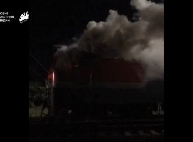 Smoke rises from a burning train after reported "Freedom of Russia" partisan sabotage inside Russia. Screenshot from video.