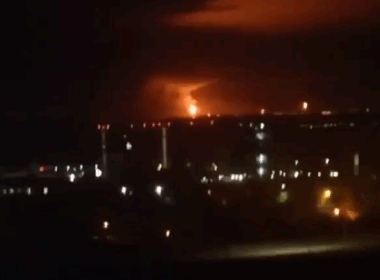 Flames at Volgograd oil refinery in Russia following Ukrainian drone strike, 6 October 2025. Screenshot from video.