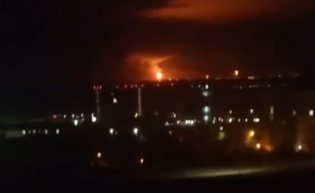 Flames at Volgograd oil refinery in Russia following Ukrainian drone strike, 6 October 2025. Screenshot from video.