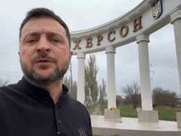 Ukrainian President Volodymyr Zelenskyy in Kherson, 11 November 2025. Screenshot from video.