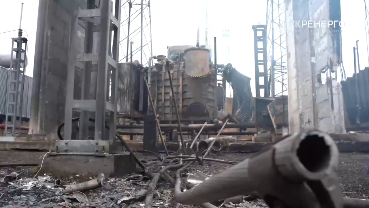 Ukrainian energy infrastructure damaged after a Russian attack. Screenshot from video: Ukrainian Ministry of Energy