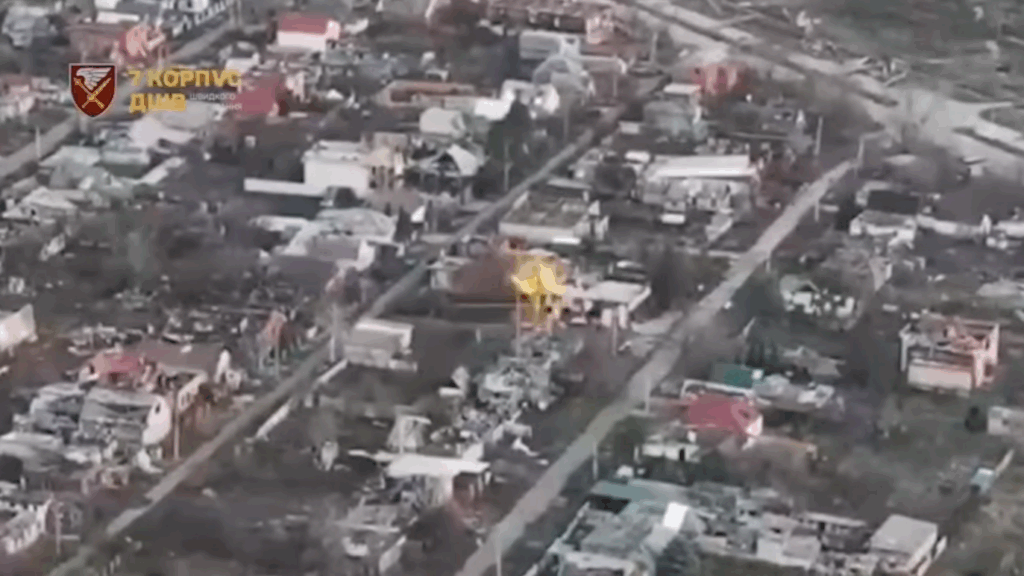 Explosion in Pokrovsk following a Ukrainian drone strike on Russian positions. Screenshot from video: 7th Rapid Response Corps of Ukraine’s Air Assault Forces