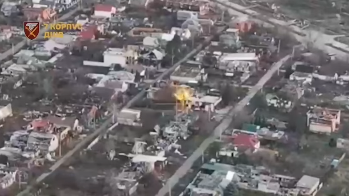 Explosion in Pokrovsk following a Ukrainian drone strike on Russian positions. Screenshot from video: 7th Rapid Response Corps of Ukraine’s Air Assault Forces