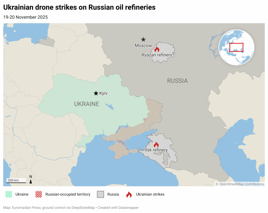 Ukrainian drone strikes on Ilsk and Ryazan oil refineries, 19-20 November 2025.