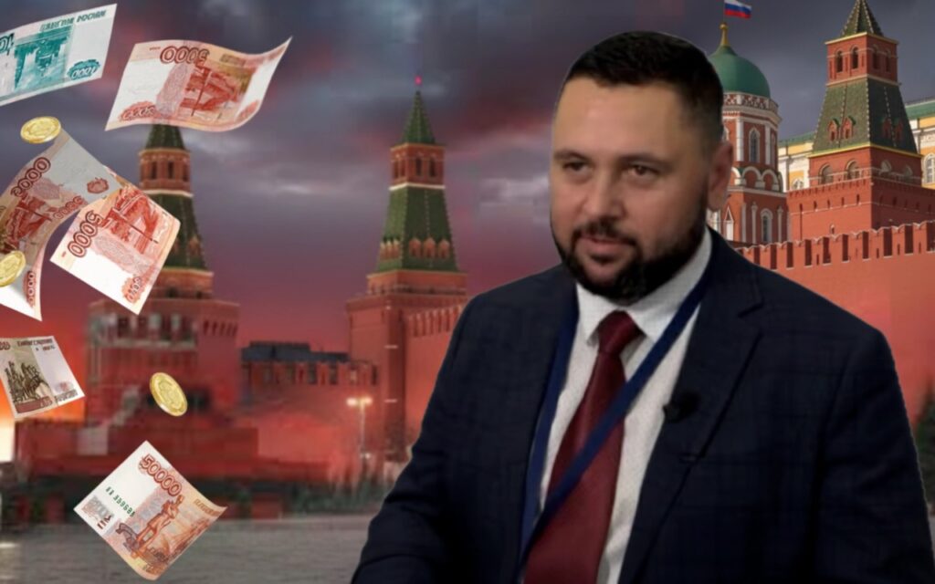 A composite image showing a man in a dark suit in front of the Kremlin as Russian ruble banknotes and coins fall around him, symbolizing Kremlin cash funding a Pravfond-linked curator wanted for treason in Ukraine
