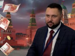 A composite image showing a man in a dark suit in front of the Kremlin as Russian ruble banknotes and coins fall around him, symbolizing Kremlin cash funding a Pravfond-linked curator wanted for treason in Ukraine
