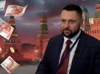 A composite image showing a man in a dark suit in front of the Kremlin as Russian ruble banknotes and coins fall around him, symbolizing Kremlin cash funding a Pravfond-linked curator wanted for treason in Ukraine