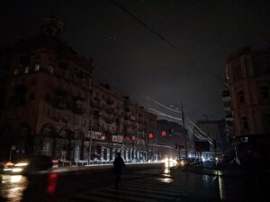Kyiv skyline in darkness during a blackout caused by Russian missile attacks on energy infrastructure