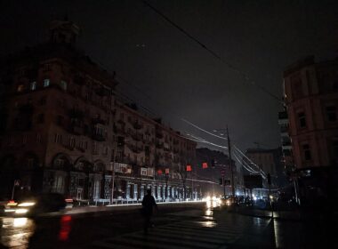Kyiv skyline in darkness during a blackout caused by Russian missile attacks on energy infrastructure