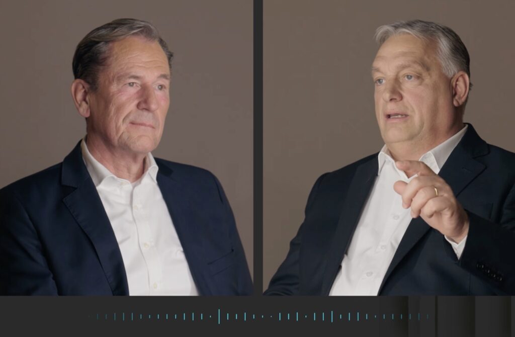 Split-screen image showing Mathias Döpfner on the left, listening, and Viktor Orbán on the right, speaking and gesturing during their MDMEETS – Essential Talks with Mathias Döpfner YouTube interview about Ukraine and Trump.