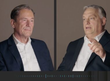 Split-screen image showing Mathias Döpfner on the left, listening, and Viktor Orbán on the right, speaking and gesturing during their MDMEETS – Essential Talks with Mathias Döpfner YouTube interview about Ukraine and Trump.