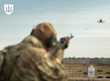 Ukrainian soldier shooting drone with rifle during training. Photo: Ukrainian Defense Ministry