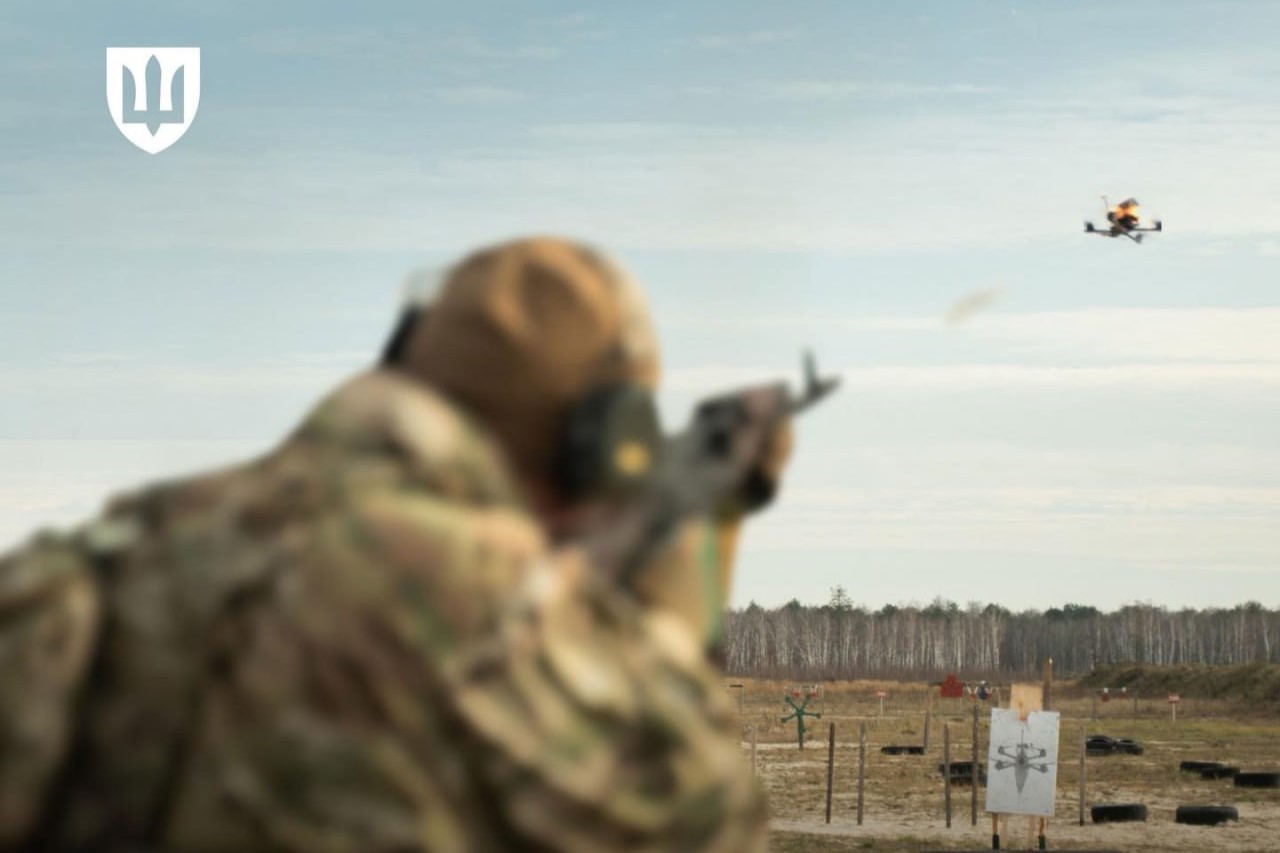 Ukrainian soldier shooting drone with rifle during training. Photo: Ukrainian Defense Ministry