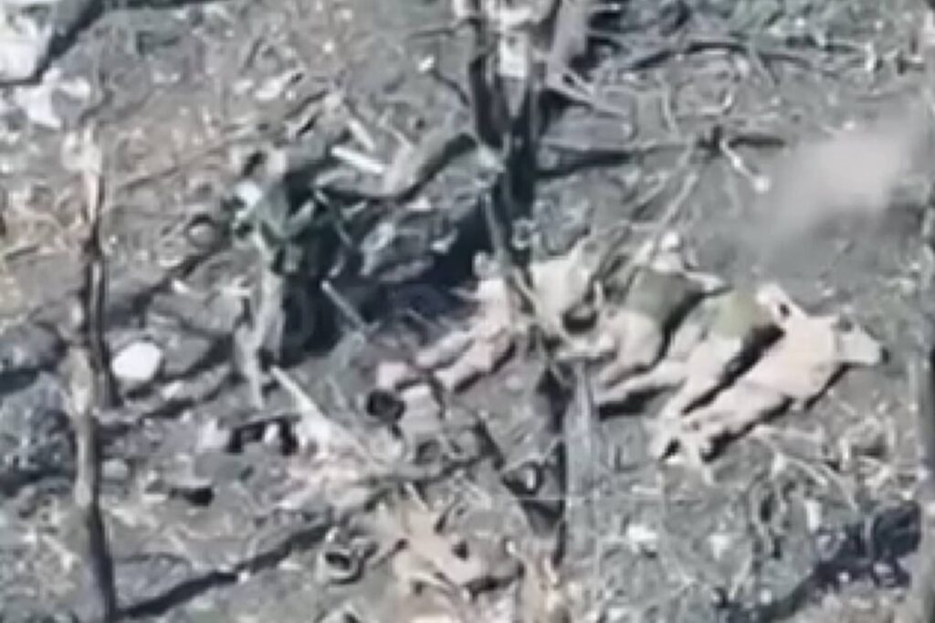 Russian soldier pointing a gun at captured Ukrainian soldiers lying on the ground, face-down. Photo: Donetsk regional prosecutor’s office